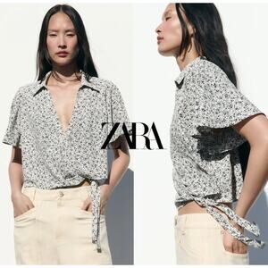 Zara White Blue Floral Crop Wrap Blouse Top Side Tie Flutter Sleeve M Medium